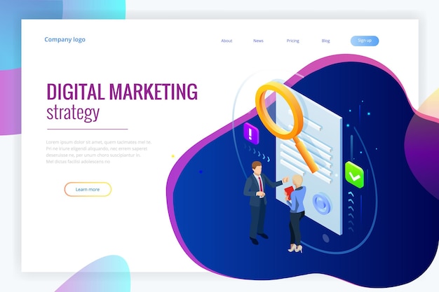 Isometric digital marketing strategy concept. Online business, internet marketing idea, office and finance objects, search engine optimisation, SEO, SMM, advertising. Vector illustration.