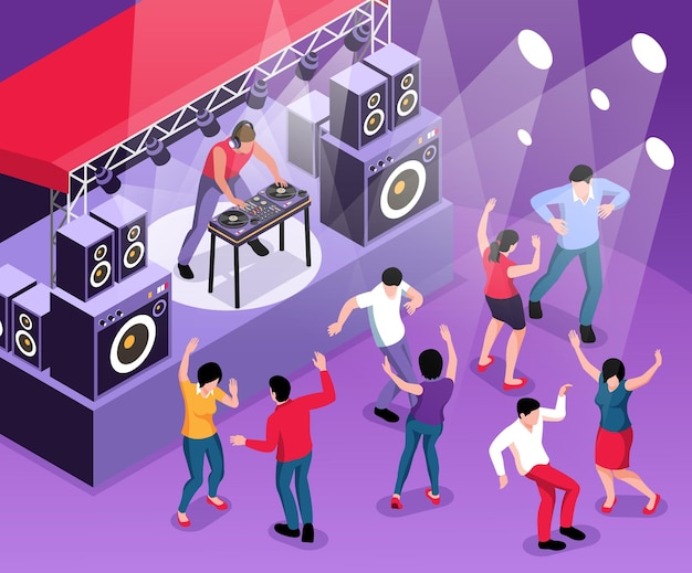 Isometric dj composition with view of dancefloor with disk jockey playing set on stage with dancers