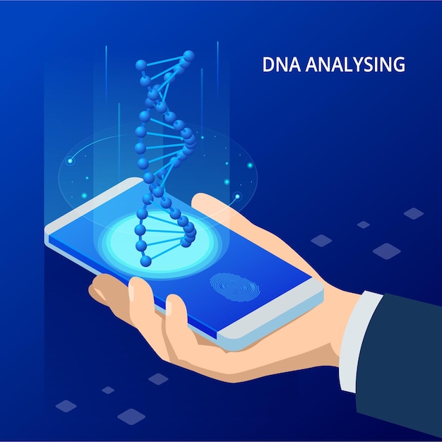 Isometric DNA helix, DNA Analysing concept. Digital blue background. Innovation, medicine, and technology. Augmented Reality DNA on smartphone.