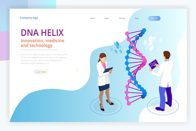 Isometric DNA helix, DNA Analysing concept. Digital blue background. Innovation, medicine, and technology. Web page or lending apge design templates.