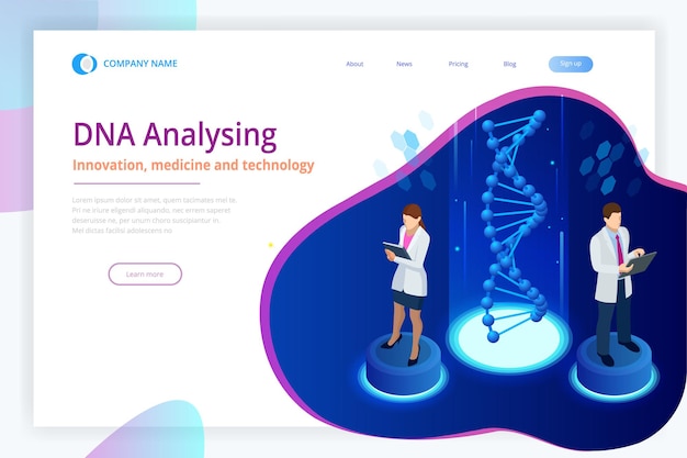 Isometric DNA helix, DNA Analysing concept. Digital blue background. Innovation, medicine, and technology. Web page or lending apge design templates.