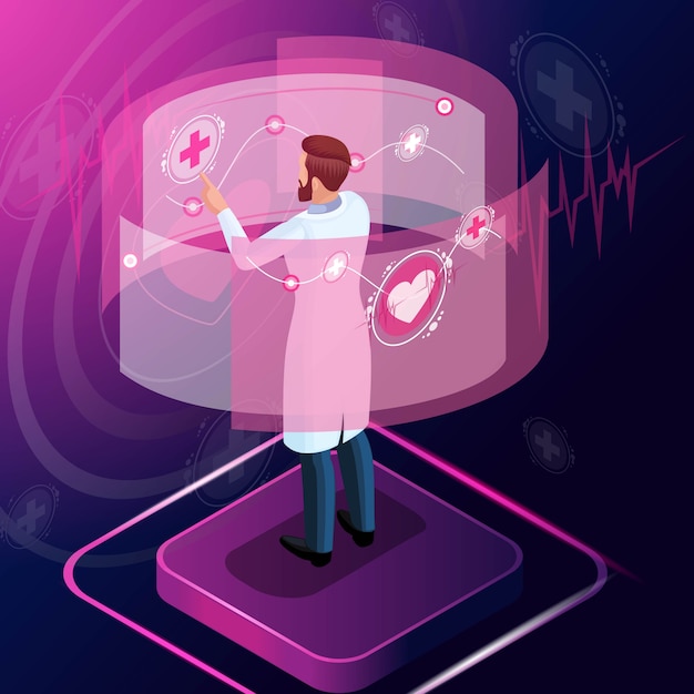 Isometric doctor diagnoses the disease and monitors its development, prescribes a medicine for treatment, looks at tests, works with high tech technologies