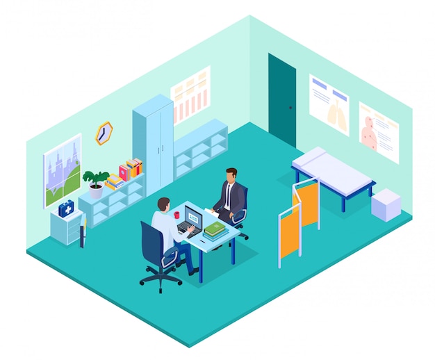 Isometric doctor office  illustration,  physician character sitting at table, consulting patient in hospital cabinet interior