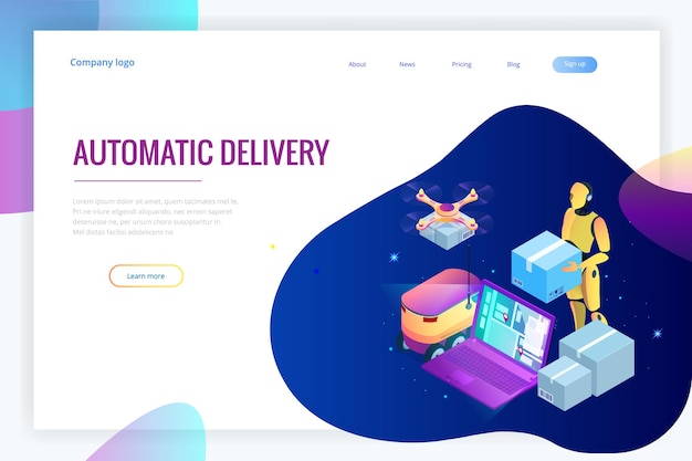 Isometric Drone Fast Delivery of goods in the city. Technological shipment innovation concept. Autonomous logistics. Robot delivery web concept.