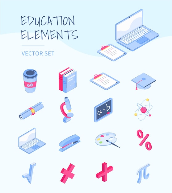 Isometric education elements handdrawn fresh style