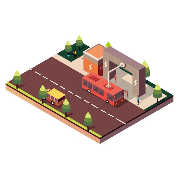 Isometric electric bus at a stop is charged by pantograph