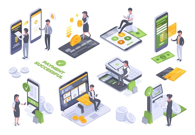 Isometric electronic cashier terminal online payments service vector illustration set