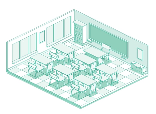 Isometric empty school classroom Outline style with green lines Room with desk tables and chairs Workspace with windows