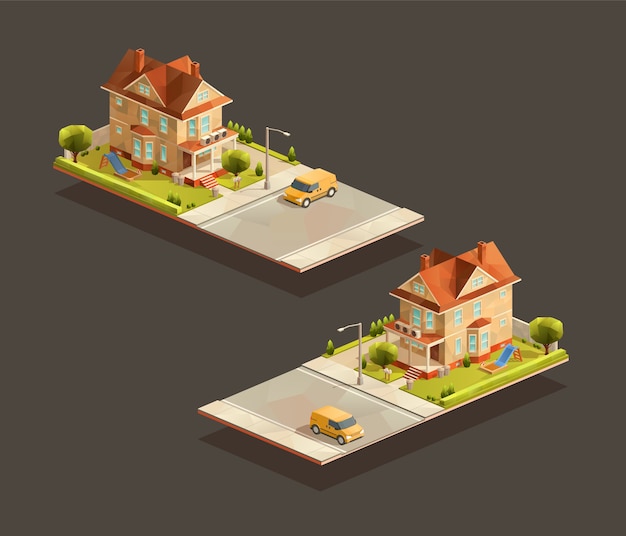 Isometric family house with minivan on street