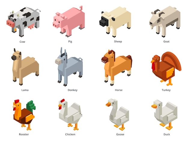 Isometric farm animals Low poly cow pig and sheep Polygonal goat voxel domestic birds and horse 3D cartoon vector set