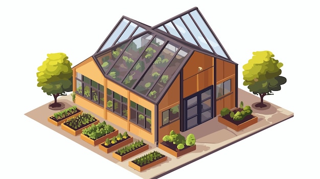 Vector isometric farm barn with greenhouse for growing plants