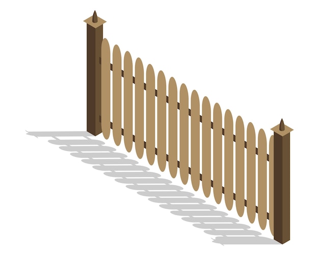 Isometric fence icon Urban real estate boundary element Spans fences of wooded and steel materials For gaming environment app or web design