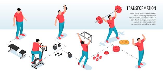 Isometric fitness sport horizontal infographics with human characters of fat people losing weight during sport exercises  illustration