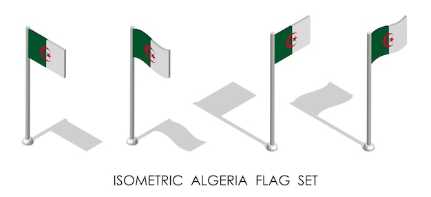 isometric flag of Algeria in static position and in motion on flagpole 3d vector