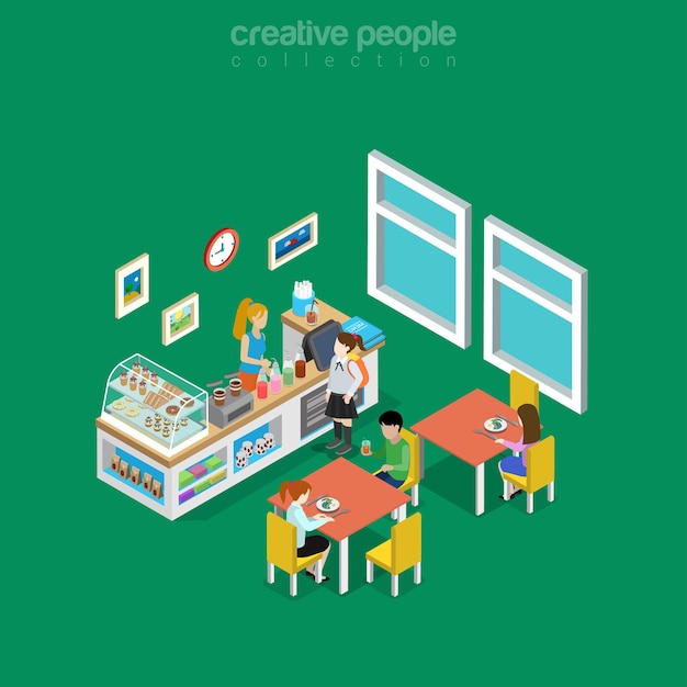 Isometric flat eatery, canteen, cafe or dining room interior in school, college or university  illustration. Food and drink  isometry concept. Coffee, snack donuts, desserts and lemonade.