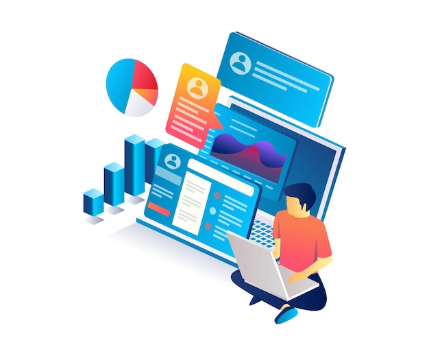 Isometric flat illustration concept man analyzing data with laptop