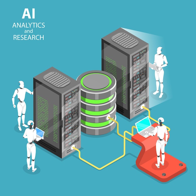 Isometric flat vector concept of artificial intelligence analytics and research