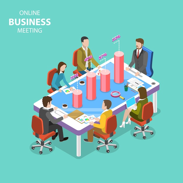 Isometric flat vector concept of business meeting, online conference, webinar, group training.