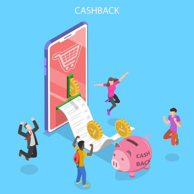 Isometric flat vector concept of cash back loyalty program campaign money refund