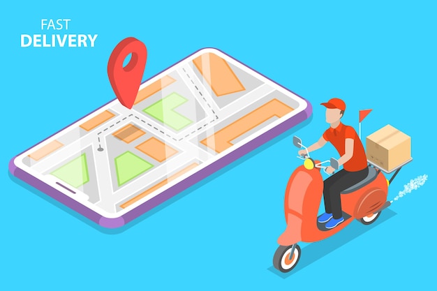 Isometric flat vector concept of delivery by scooter courier service