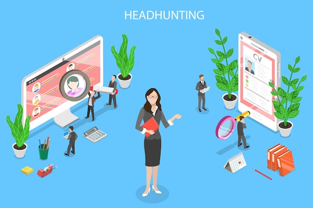 Isometric flat vector concept of headhunting recruitment HR manager review