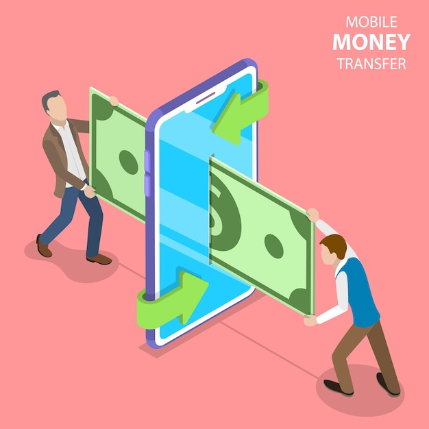 Isometric flat vector concept of mobile money transer