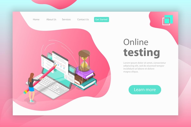 Isometric flat vector landing page header for online testing