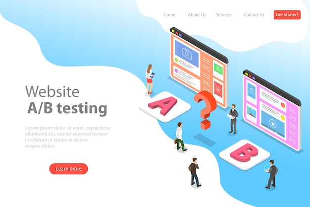 Isometric flat vector landing page template of AB testing, split test, A-B comparison, web development.