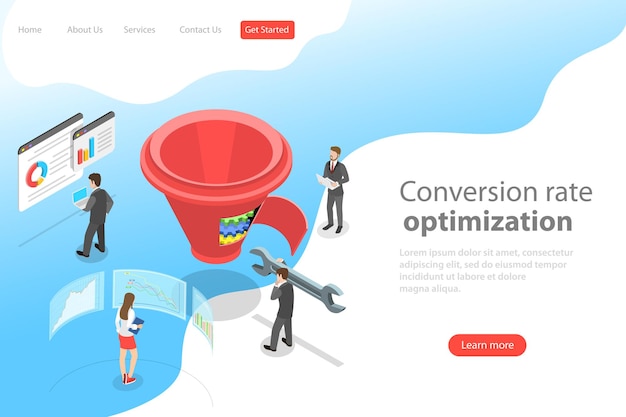 Isometric flat vector landing page template of conversion rate optimization, marketing funnel, digital marketing strategy.