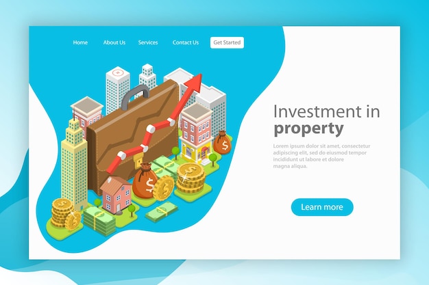 Isometric flat vector landing page template. Investment in property, real estate deal, mortgage.