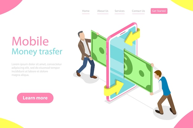 Isometric flat vector landing page template of mobile money transer online payment and banking