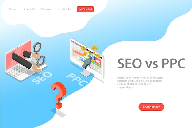 Isometric flat vector landing page template of SEO vs PPC