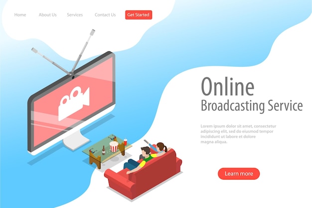 Isometric flat vector landing page template of smart TV home entertainment