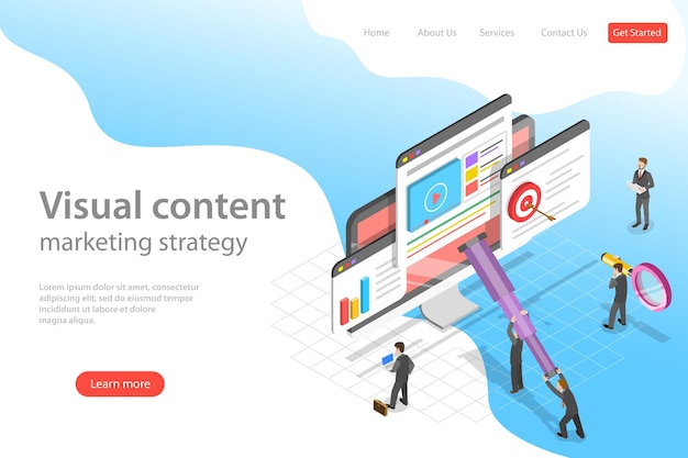 Isometric flat vector landing page template of visual data marketing strategy