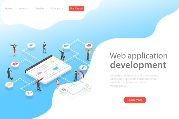 Isometric flat vector landing page template of web services agency