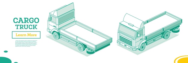 Isometric Flatbed Cargo Truck Back and Front View Commercial Transport Logistics Outline Objects Empty Car for Carriage of Goods