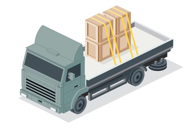 Isometric Flatbed Cargo Truck with Boxes Commercial Transport Logistics City Object for Infographics Car for Carriage of Goods Front View