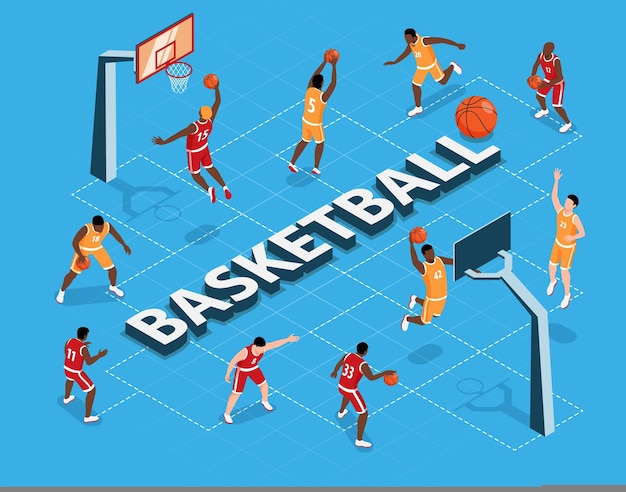 Isometric flowchart with two teams playing basketball on blue background 3d vector illustration