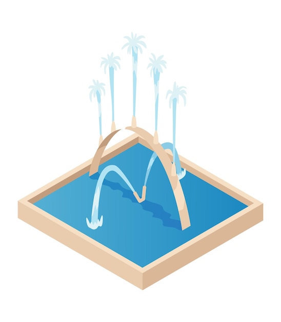 Isometric fountain icon for outdoor park Modern architecture decor symbol with splashing drops Vector city infographic with water decoration elements