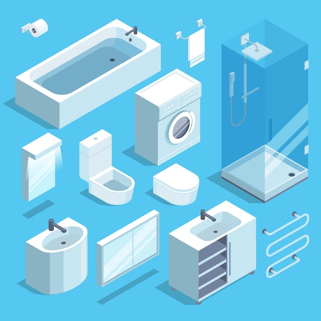 Isometric furniture elements set of bathroom interior. Vector illustration. 