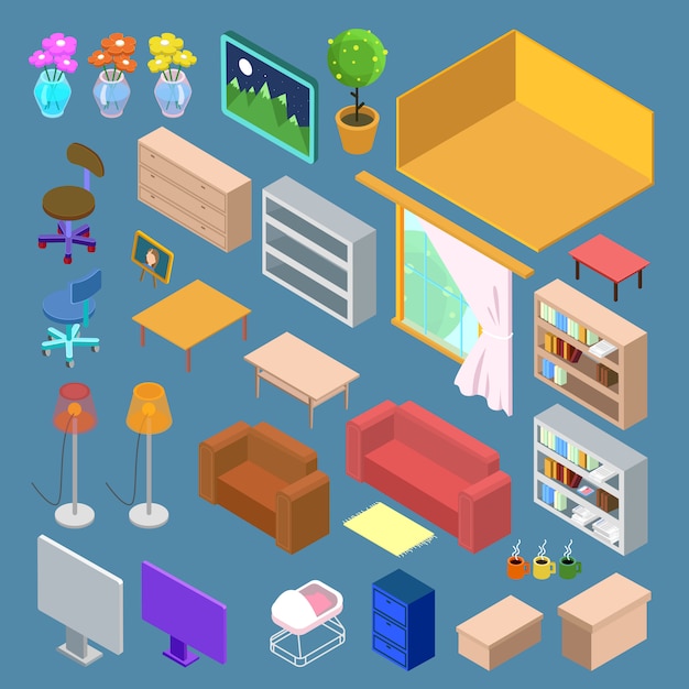 Isometric Furniture. Isometric Living Room Planning. Isometric Interior Objects. 