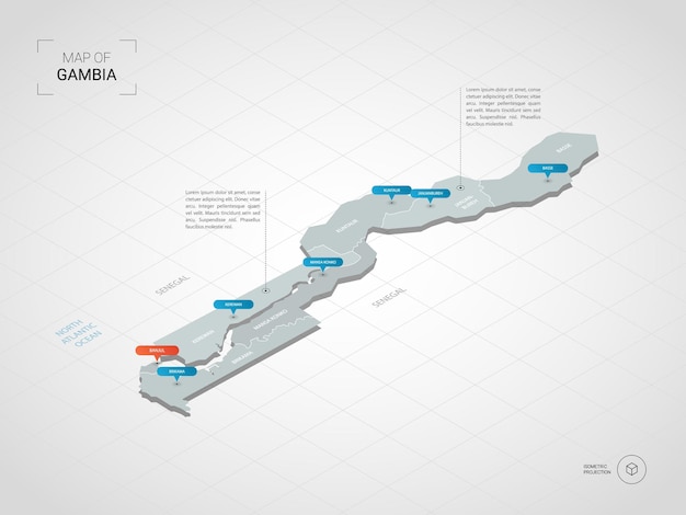 Isometric   Gambia map. Stylized  map illustration with cities, borders, capital, administrative divisions and pointer marks; gradient background with grid.