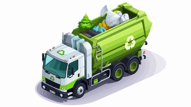 Vector isometric garbage truck with recycling symbol vector illustration