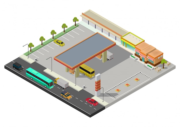 Isometric gas station, petrol station fuel tank, fuel pump, car, shop, oil station, gasoline. illustration.