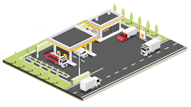 Vector isometric gas station with trucks and vans petroleum filling station infographic element vector illustration