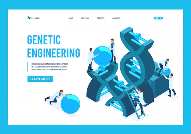 Isometric genetic engineering, DNA structure, medical workers, scientists Landing page