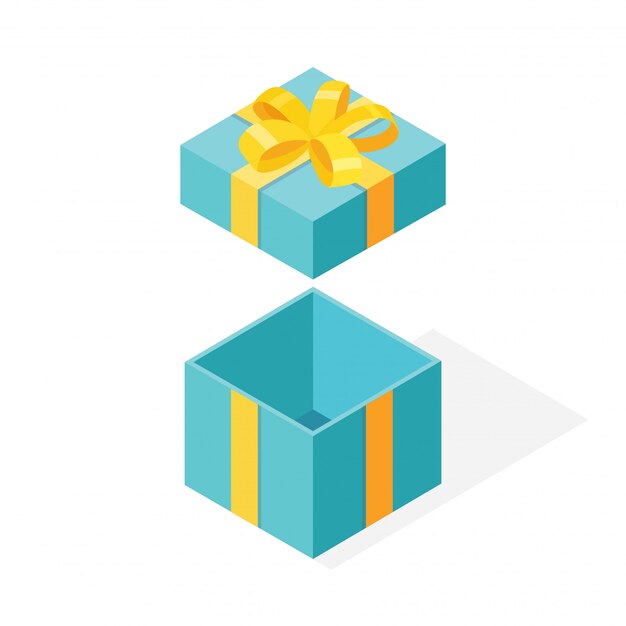 Vector  isometric gift box with bow, ribbon  on white background. open package with shiny confetti.  cartoon 