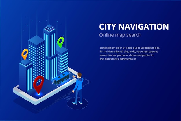 Isometric GPS satellite navigation. Web banner for travel, tourism and location route planning. Smartphone with navigator map internet app, group of destination pointer marker icons on city map.