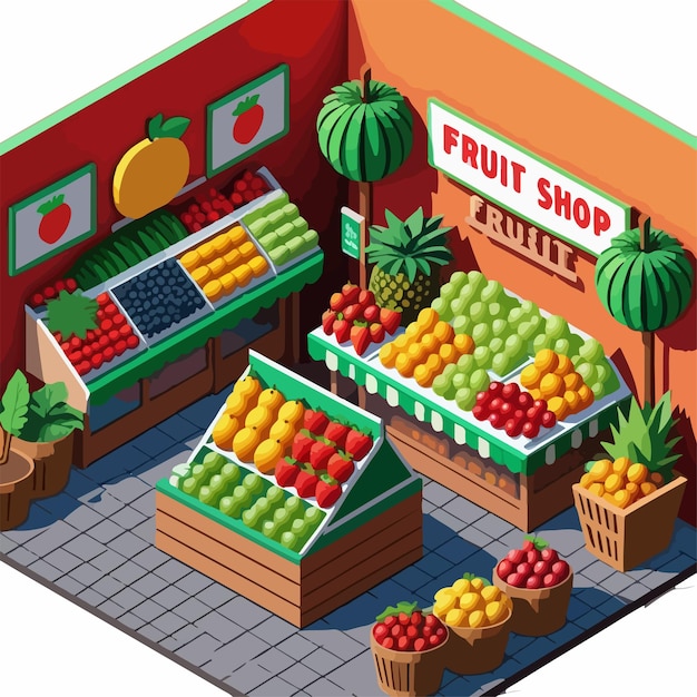 Vector isometric grocery store with fresh produce