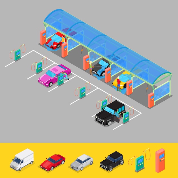 Vector isometric hand car wash with vacuum cleaners. driver washing car